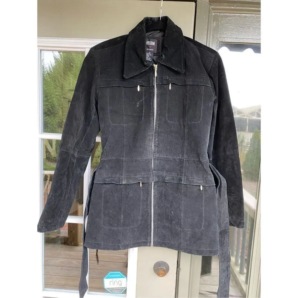 Helium London Black 100% Leather Jacket Collared Belted Full-Zip Coat, Sz Medium - Picture 8 of 13
